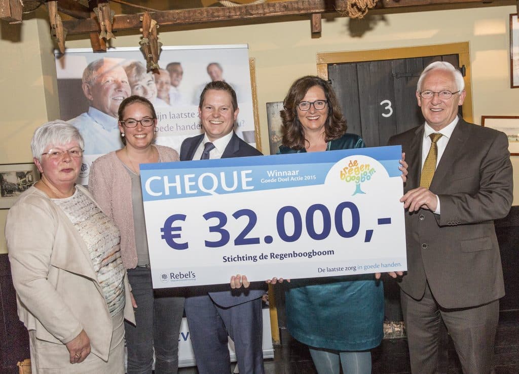 Vrijwilligers en medewerkers bij de overhandiging van de cheque