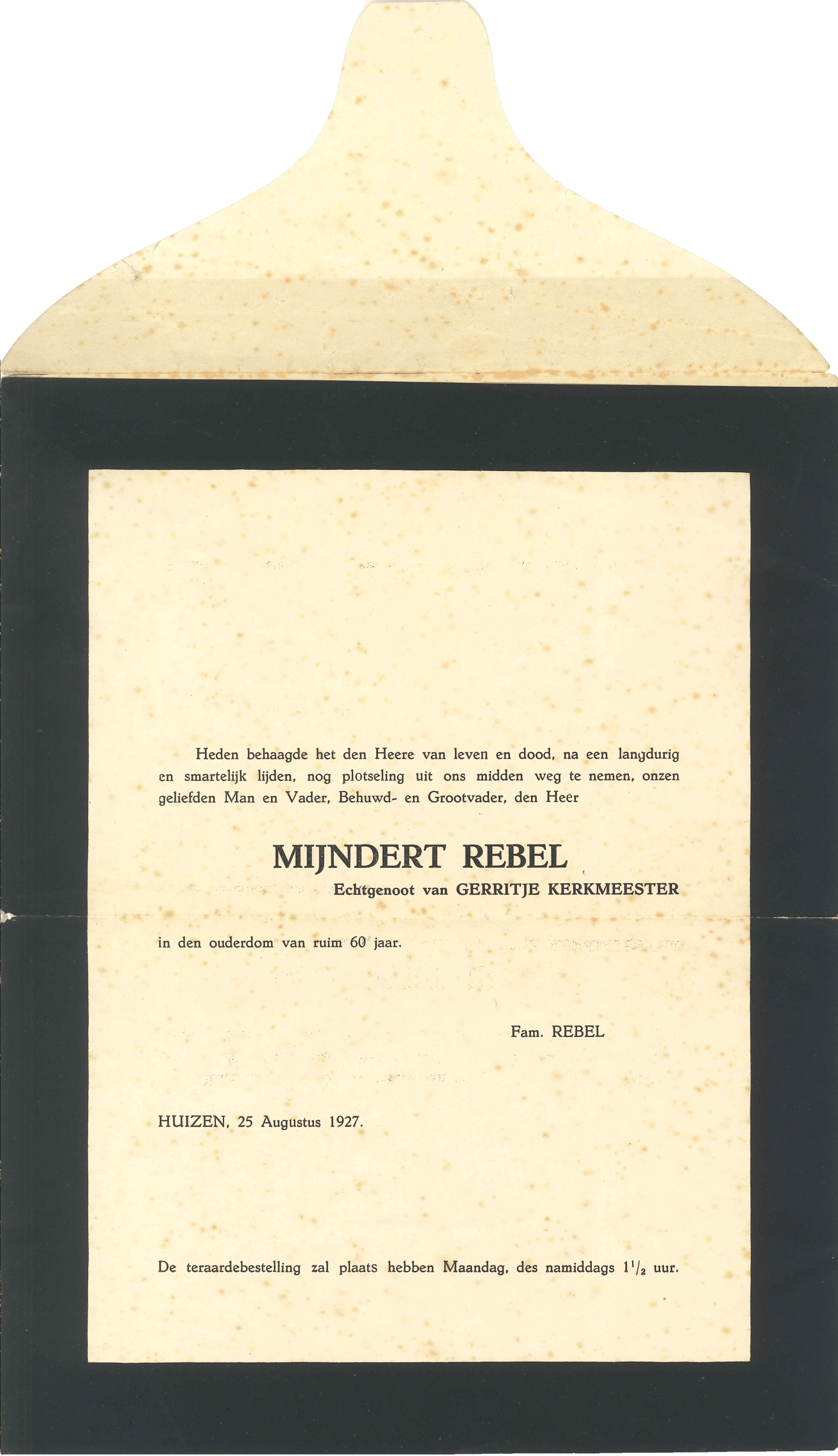 Rouwkaart van Mijndert Rebel uit 1927. Uitnodiging voor de begrafenis in Huizen.